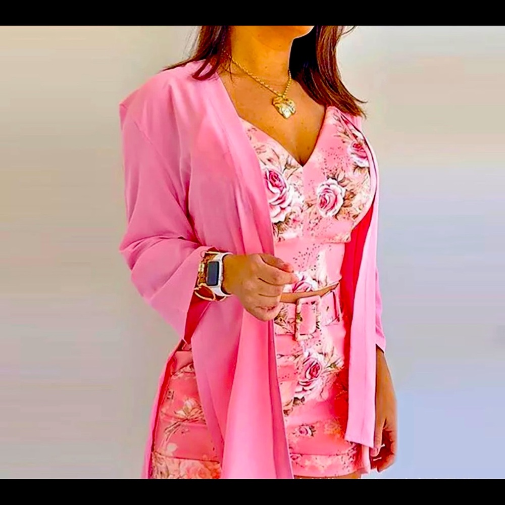 3pc Short Set Long Sleeve Cardigan, VNeck Spaghetti Strap top, Shorts with Belt